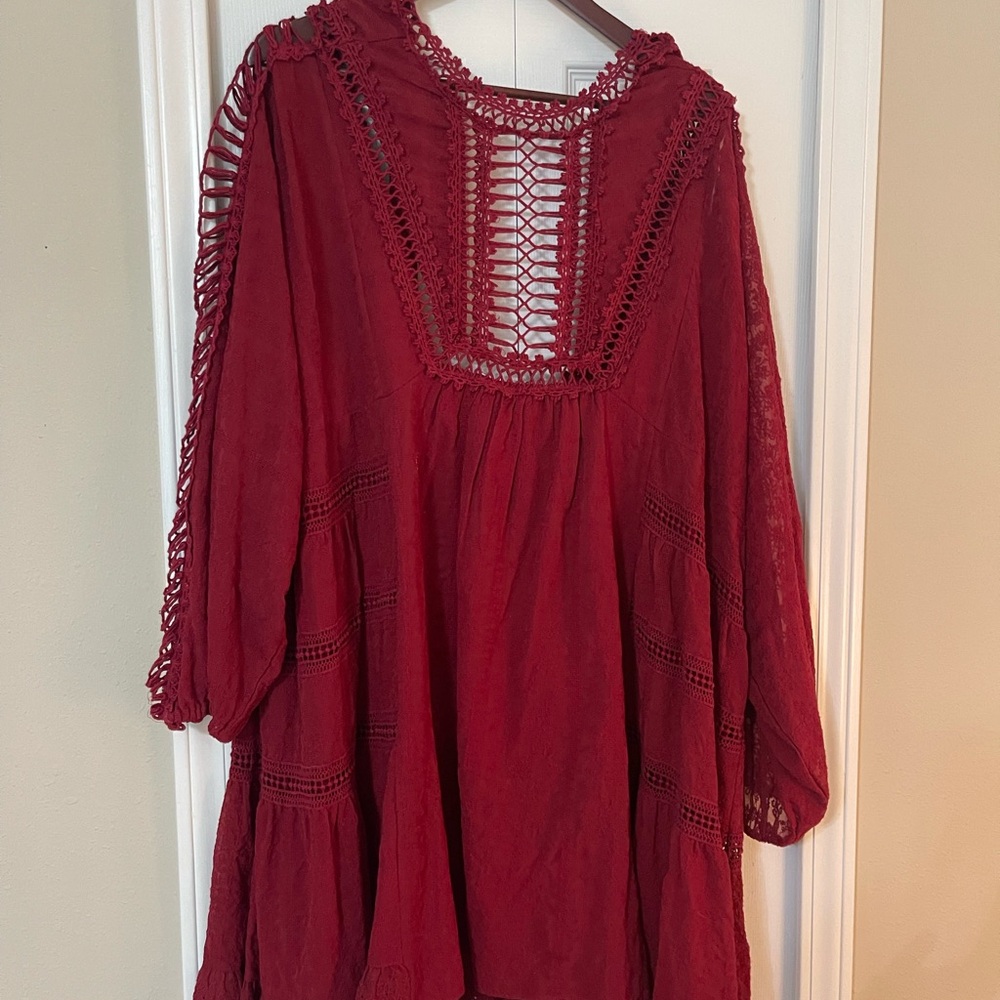 Free People Red 3/4 Sleeve Mini Dress with Bib Collar